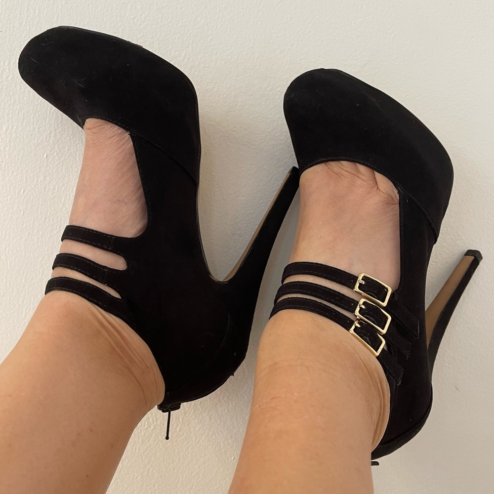 ALDO Platform High Heels Stilettos Shoes Suede Leather Black Size 9 Closed Toe